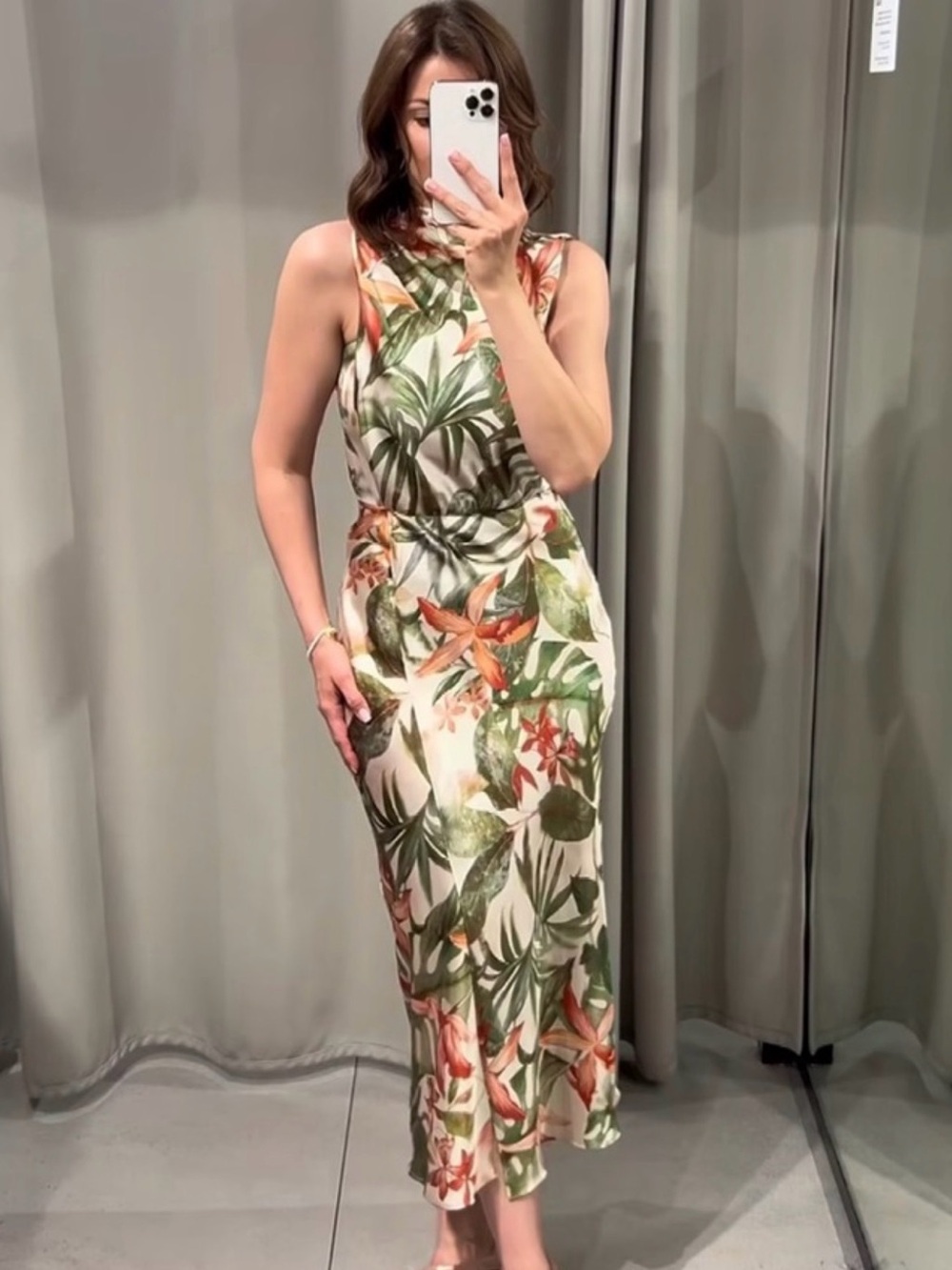 ZARA Satin Feel Tropical Print Sleeveless Midi Dress